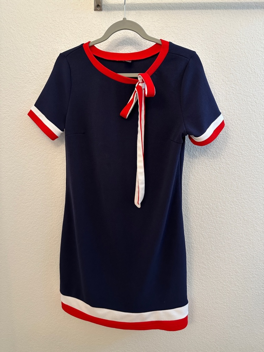 SHEIN Navy Midi Dress with Red and White Trim and Neck Tie